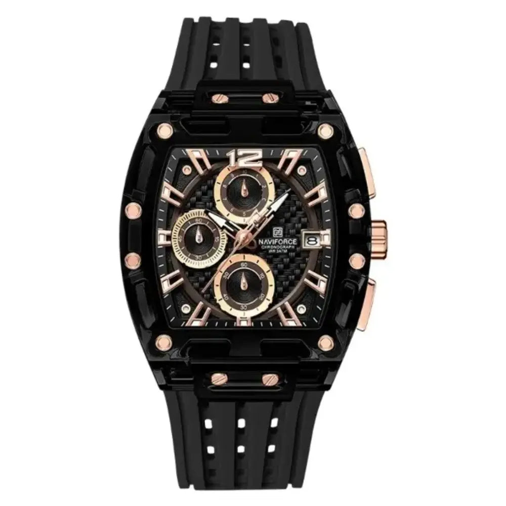 Montre chronographe noire pour homme avec boîtier tonneau, cadran multifonction et bracelet en silicone – design sport et élégant