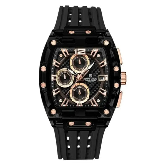 Montre chronographe noire pour homme avec boîtier tonneau, cadran multifonction et bracelet en silicone – design sport et élégant